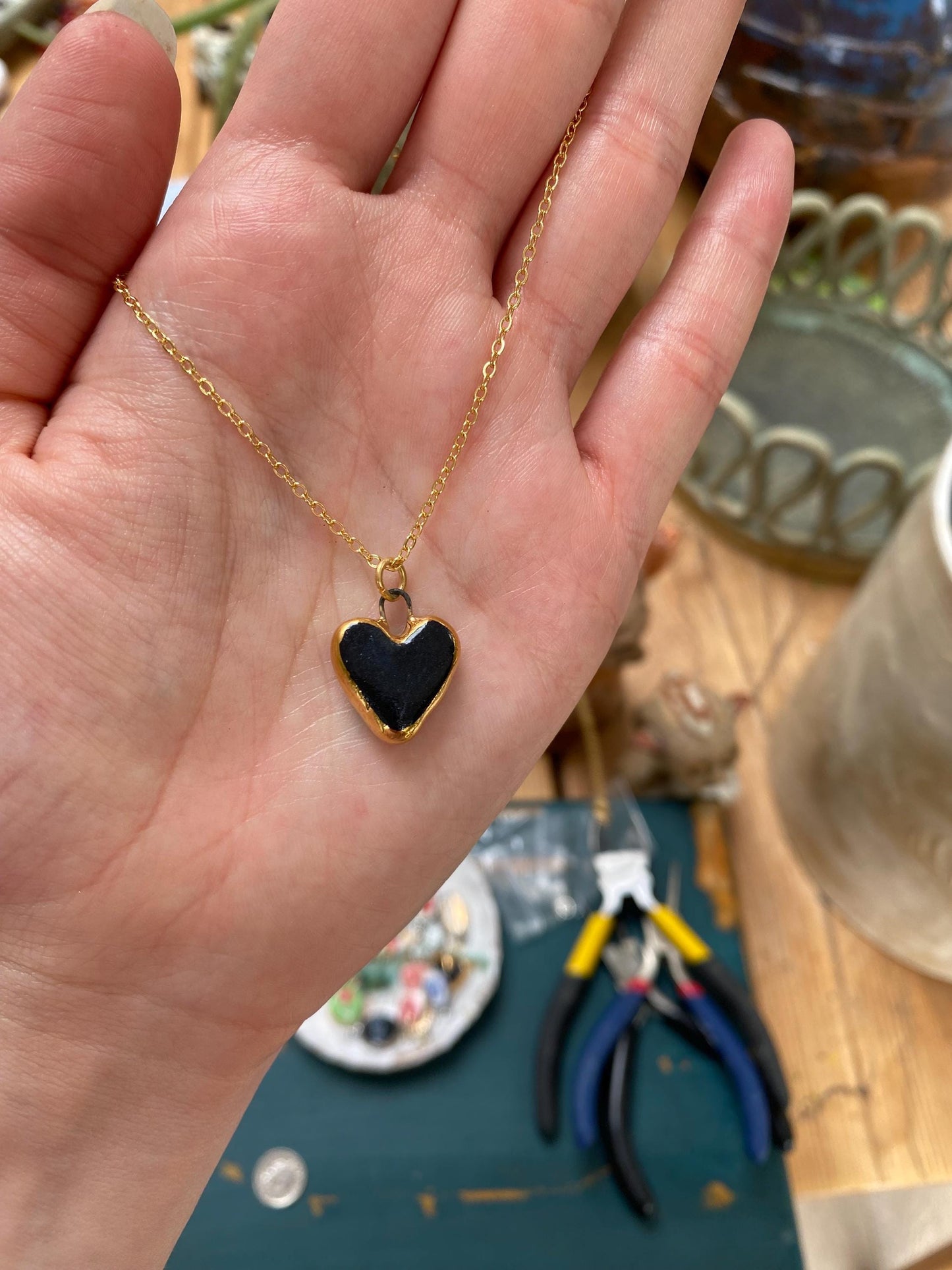 Hand-Sculpted Porcelain Black Heart Pendant: 24k Gold Lustre Ceramic Necklace Charm