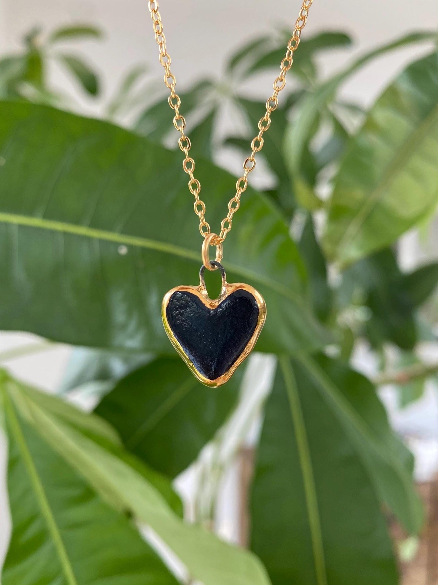 Hand-Sculpted Porcelain Black Heart Pendant: 24k Gold Lustre Ceramic Necklace Charm