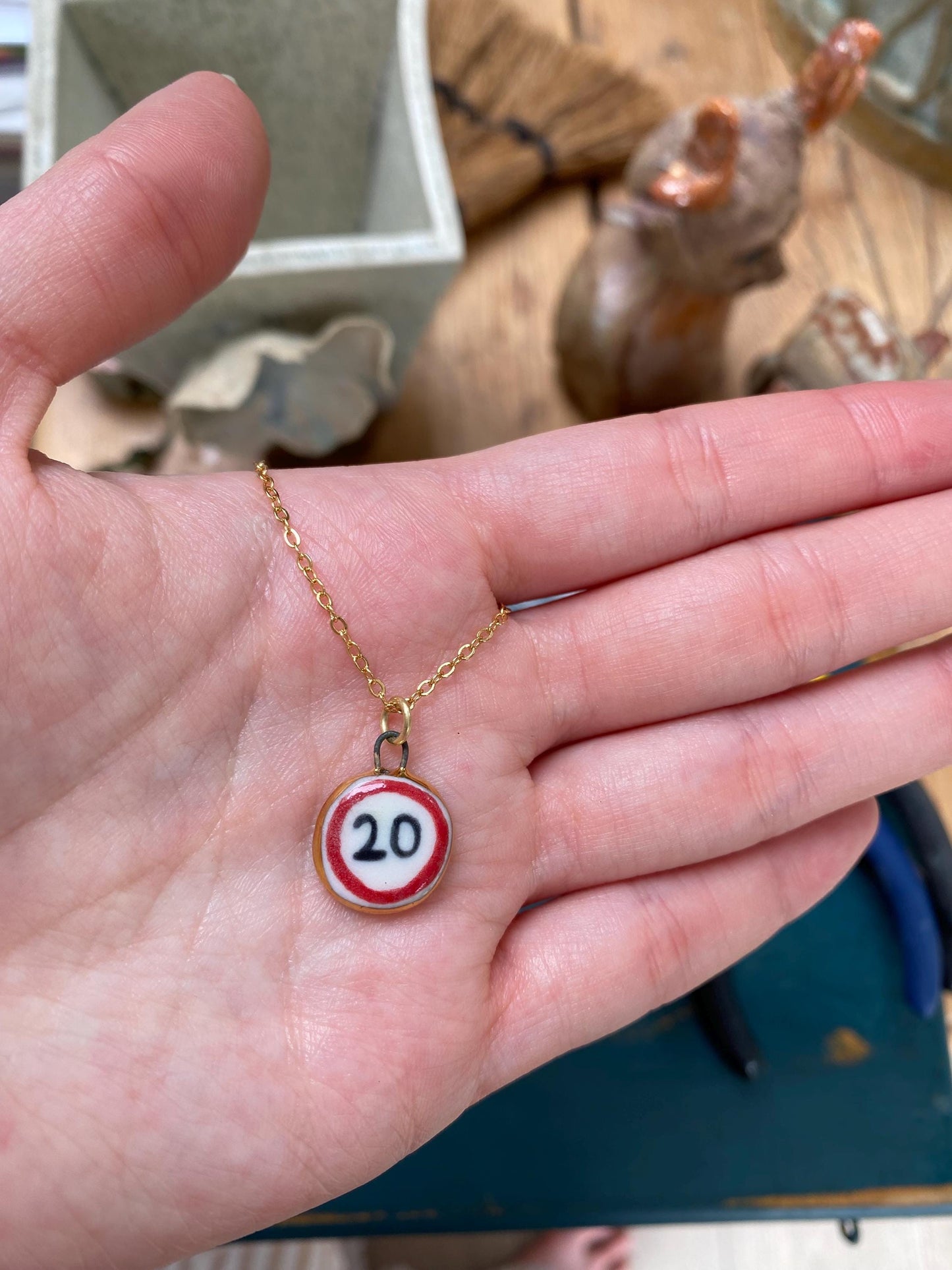 Hand-Sculpted Porcelain 20mph Pendant: 24k Gold Lustre Ceramic Necklace Charm