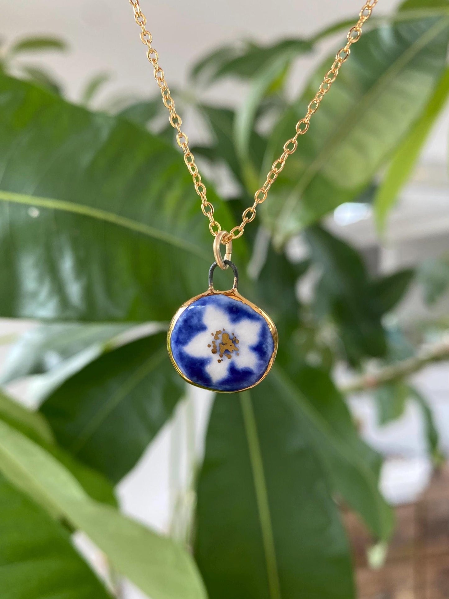Hand-Sculpted Porcelain Blue Flower Pendant: 24k Gold Lustre Ceramic Necklace Charm