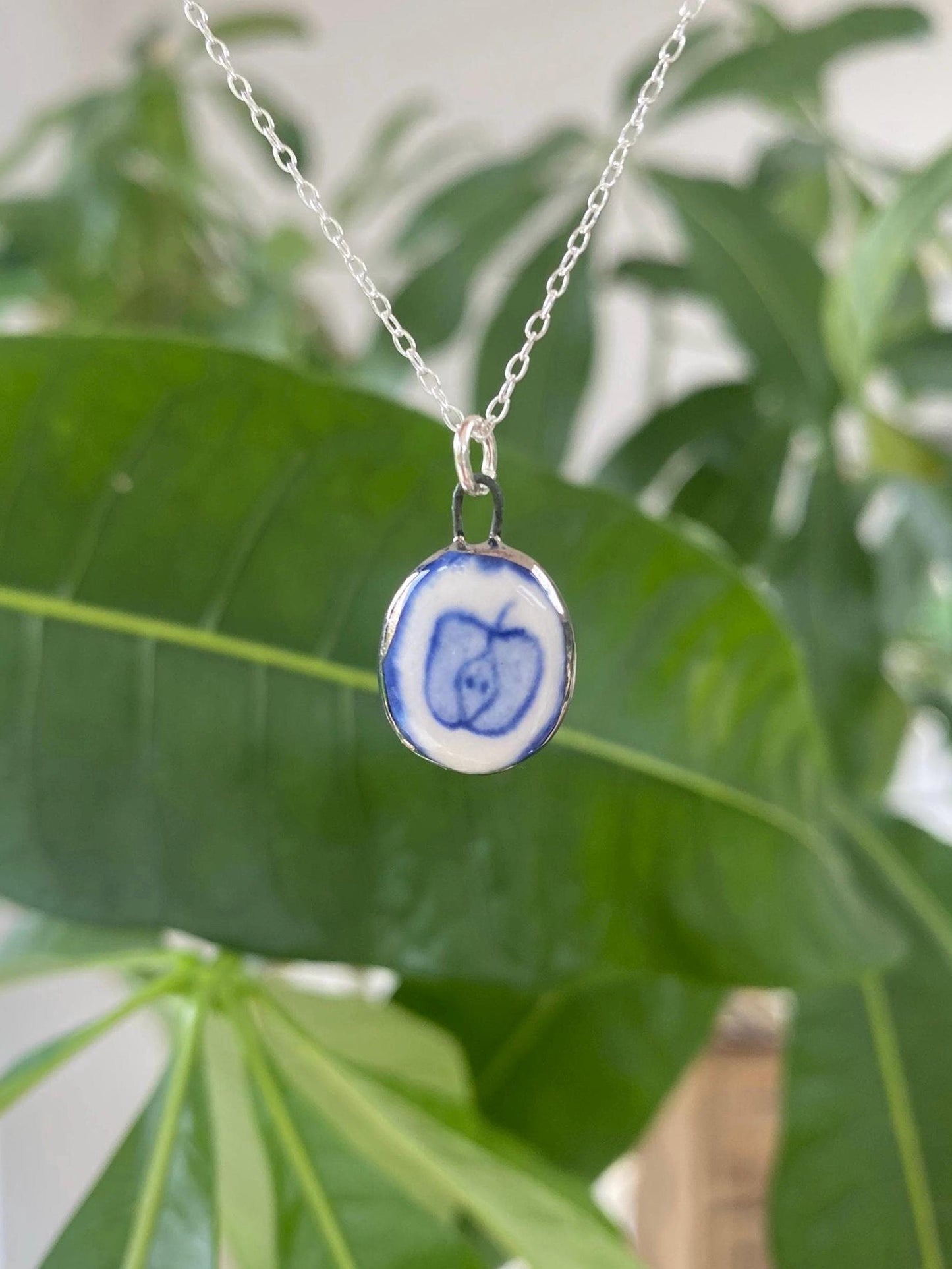 Hand-Sculpted Porcelain Apple Pendant: Platinum Lustre Ceramic Necklace Charm
