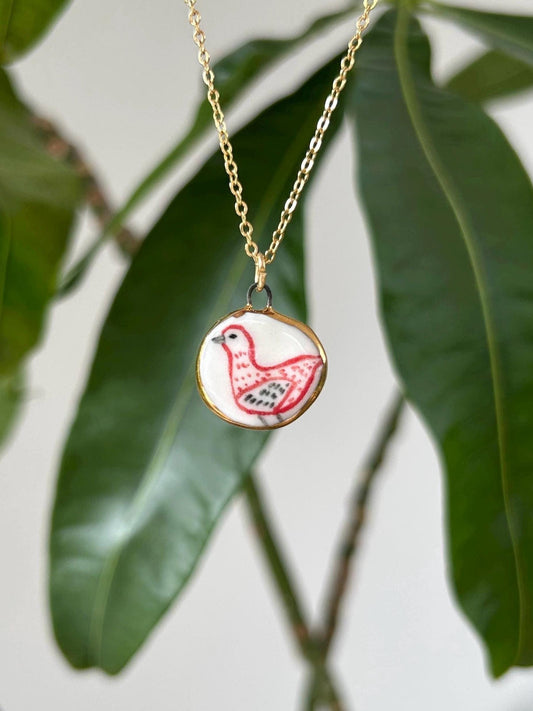 Hand-Sculpted Porcelain Chicken Pendant: 24k Gold Lustre Ceramic Necklace Charm