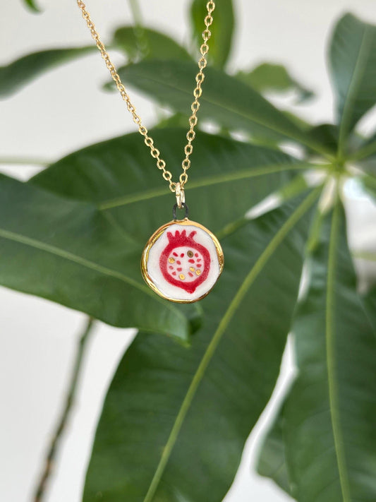 Hand-Sculpted Porcelain Pomegranite Pendant: 24k Gold Lustre Ceramic Necklace Charm