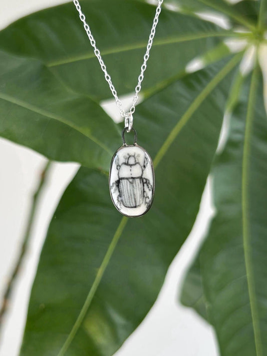 Hand-Sculpted Porcelain Beetle Pendant: Platinum Lustre Ceramic Necklace Charm