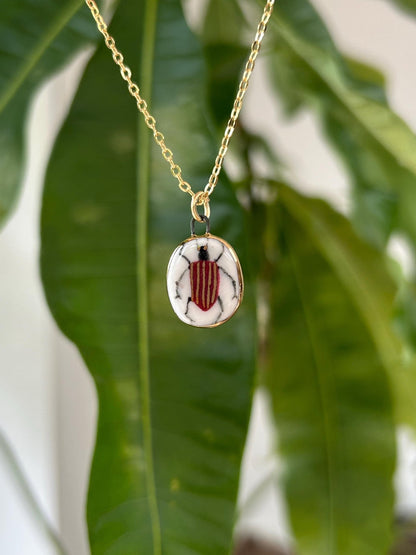 Hand-Sculpted Porcelain Beetle Pendant: 24k Gold Lustre Ceramic Necklace Charm