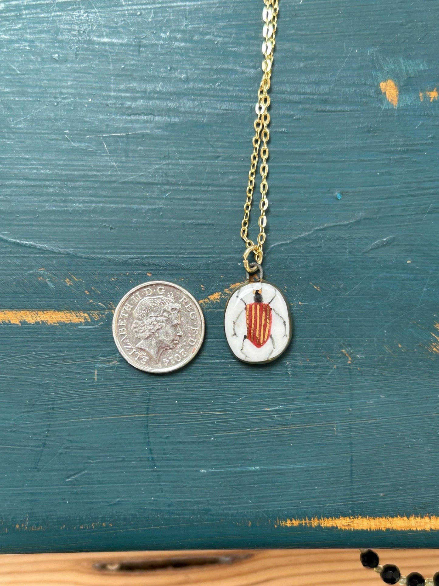 Hand-Sculpted Porcelain Beetle Pendant: 24k Gold Lustre Ceramic Necklace Charm