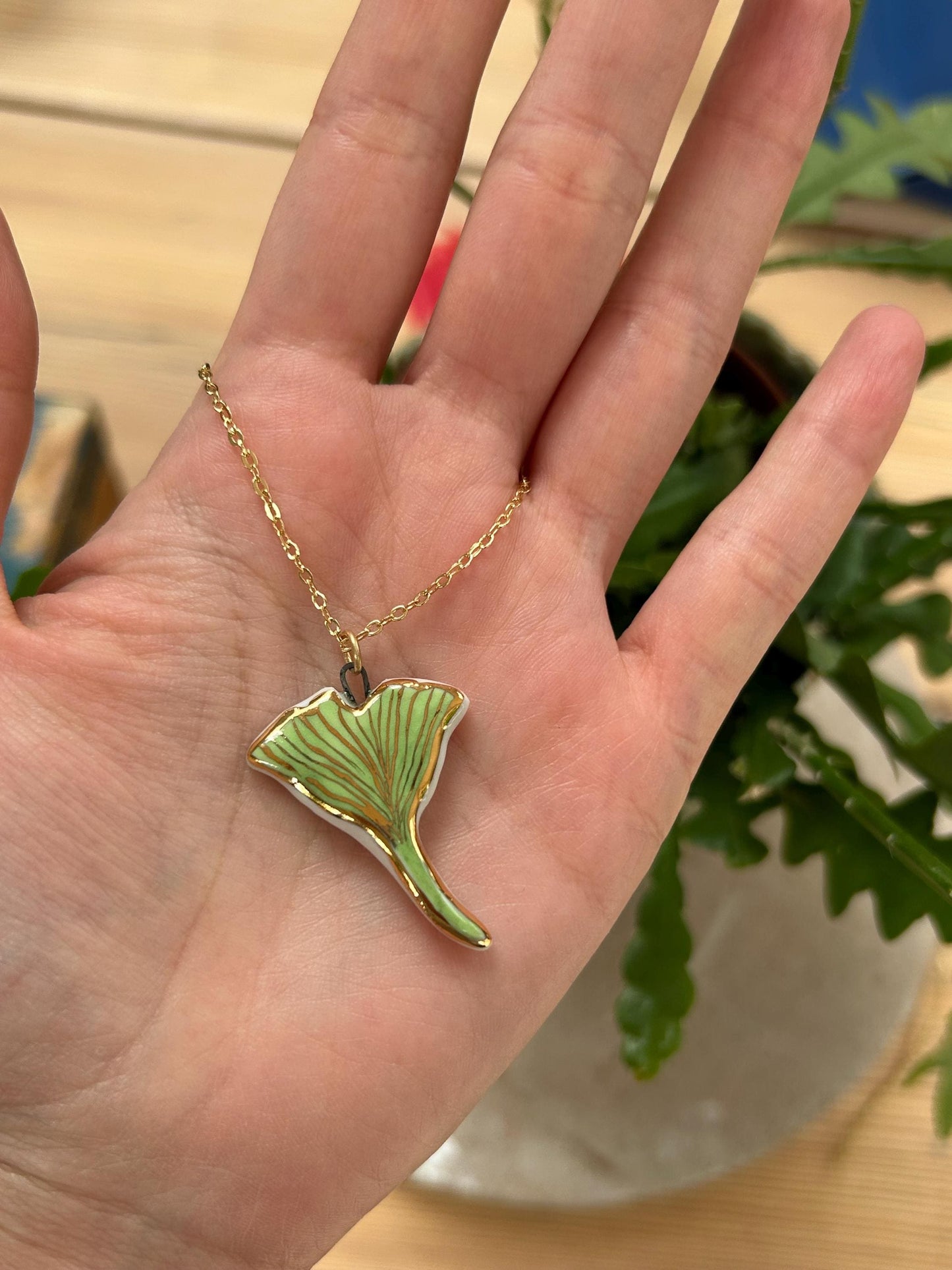 Hand-Sculpted Porcelain Gingko Leaf Pendant: 24k Gold Lustre Ceramic Necklace Charm