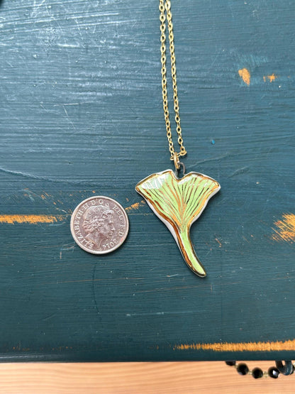 Hand-Sculpted Porcelain Gingko Leaf Pendant: 24k Gold Lustre Ceramic Necklace Charm