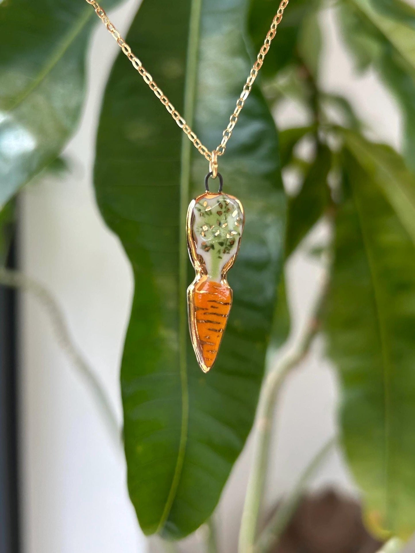 Hand-Sculpted Porcelain Carrot Pendant: 24k Gold Lustre Ceramic Necklace Charm