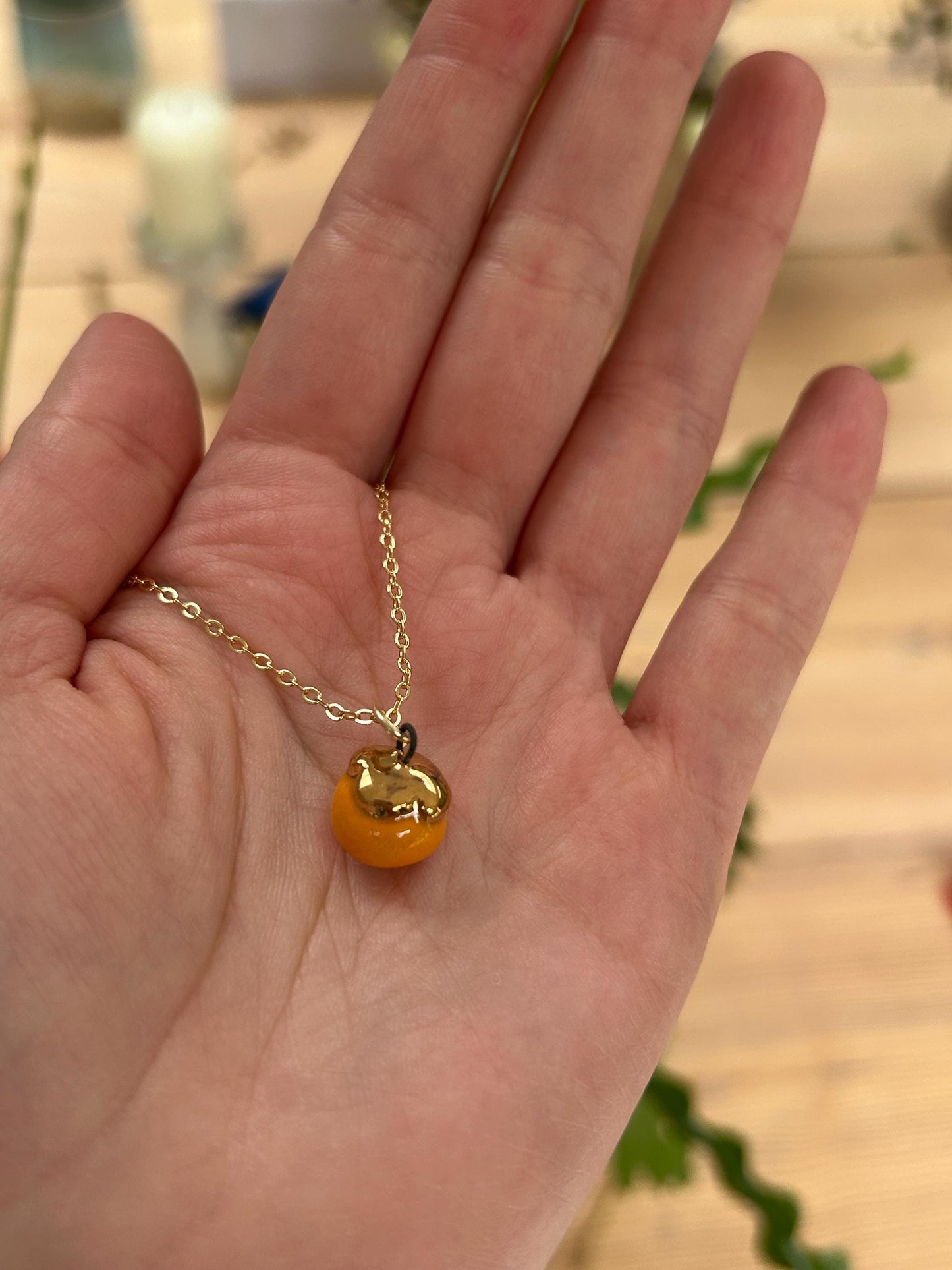 Hand-Sculpted Porcelain Persimmon Pendant: 24k Gold Lustre Ceramic Necklace Charm