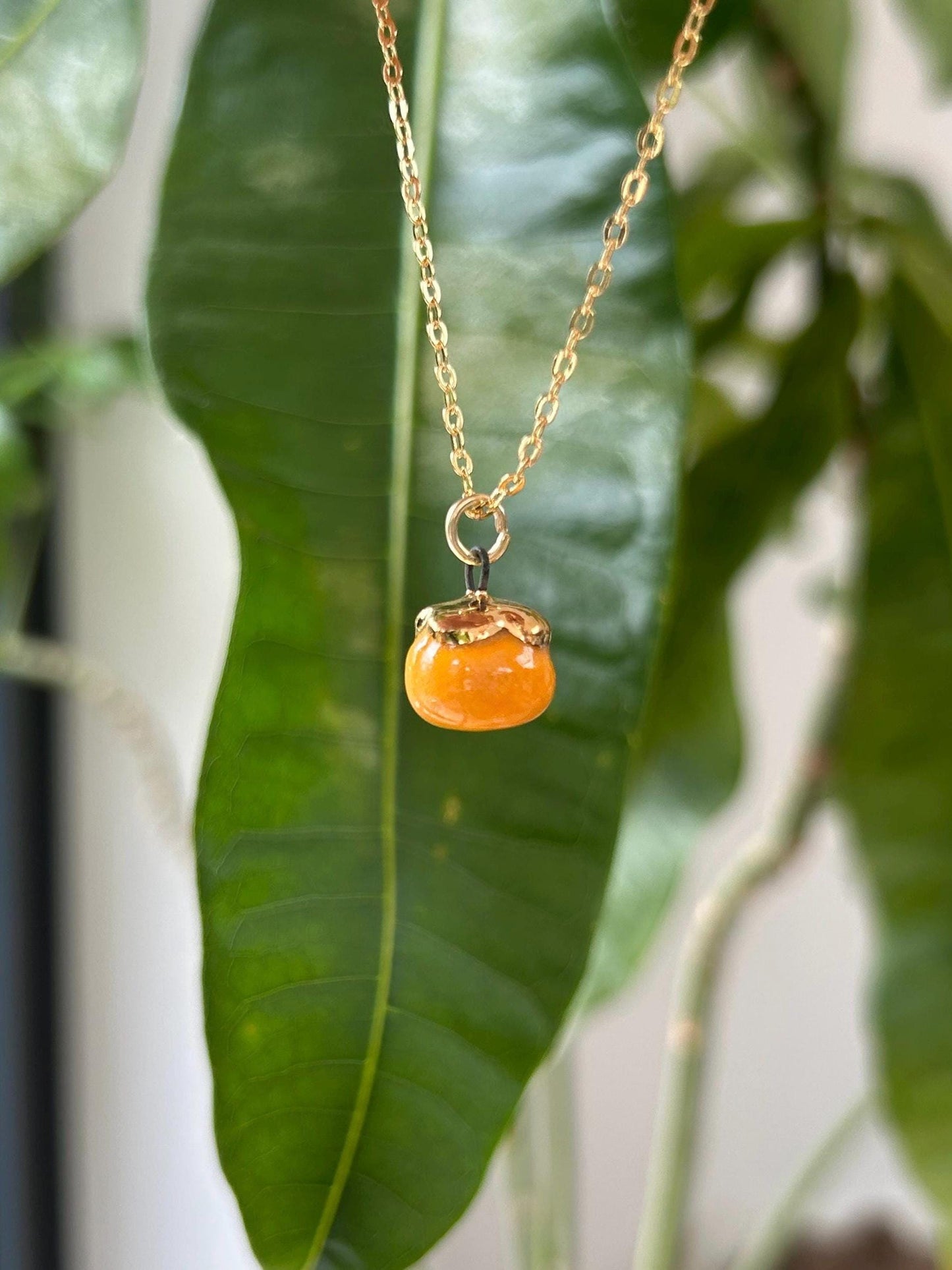 Hand-Sculpted Porcelain Persimmon Pendant: 24k Gold Lustre Ceramic Necklace Charm