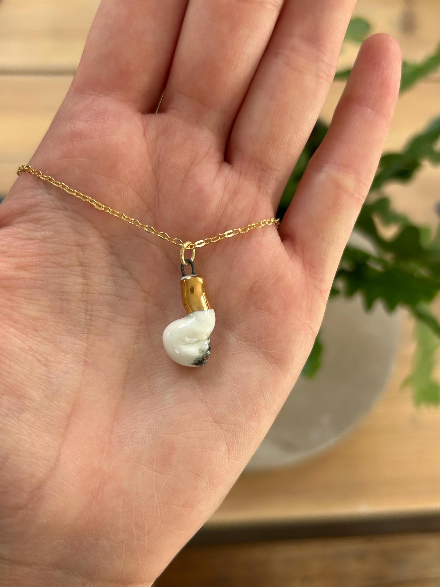Hand-Sculpted Porcelain Cigarette Pendant: 24k Gold Lustre Ceramic Necklace Charm
