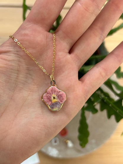 Hand-Sculpted Porcelain Pink Pansy Pendant: 24k Gold Lustre Ceramic Necklace Charm