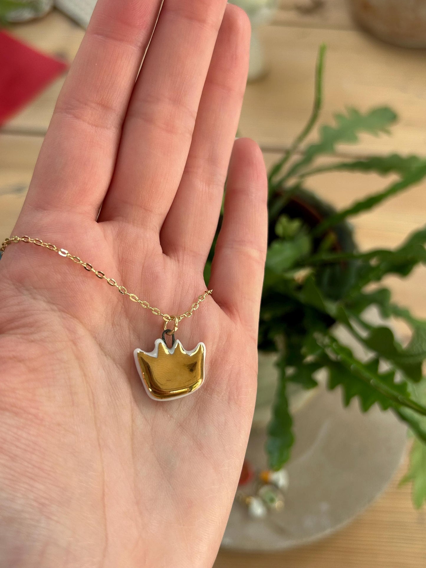 Hand-Sculpted Porcelain Crown Pendant: 24k Gold Lustre Ceramic Necklace Charm