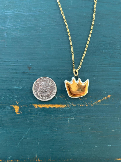 Hand-Sculpted Porcelain Crown Pendant: 24k Gold Lustre Ceramic Necklace Charm