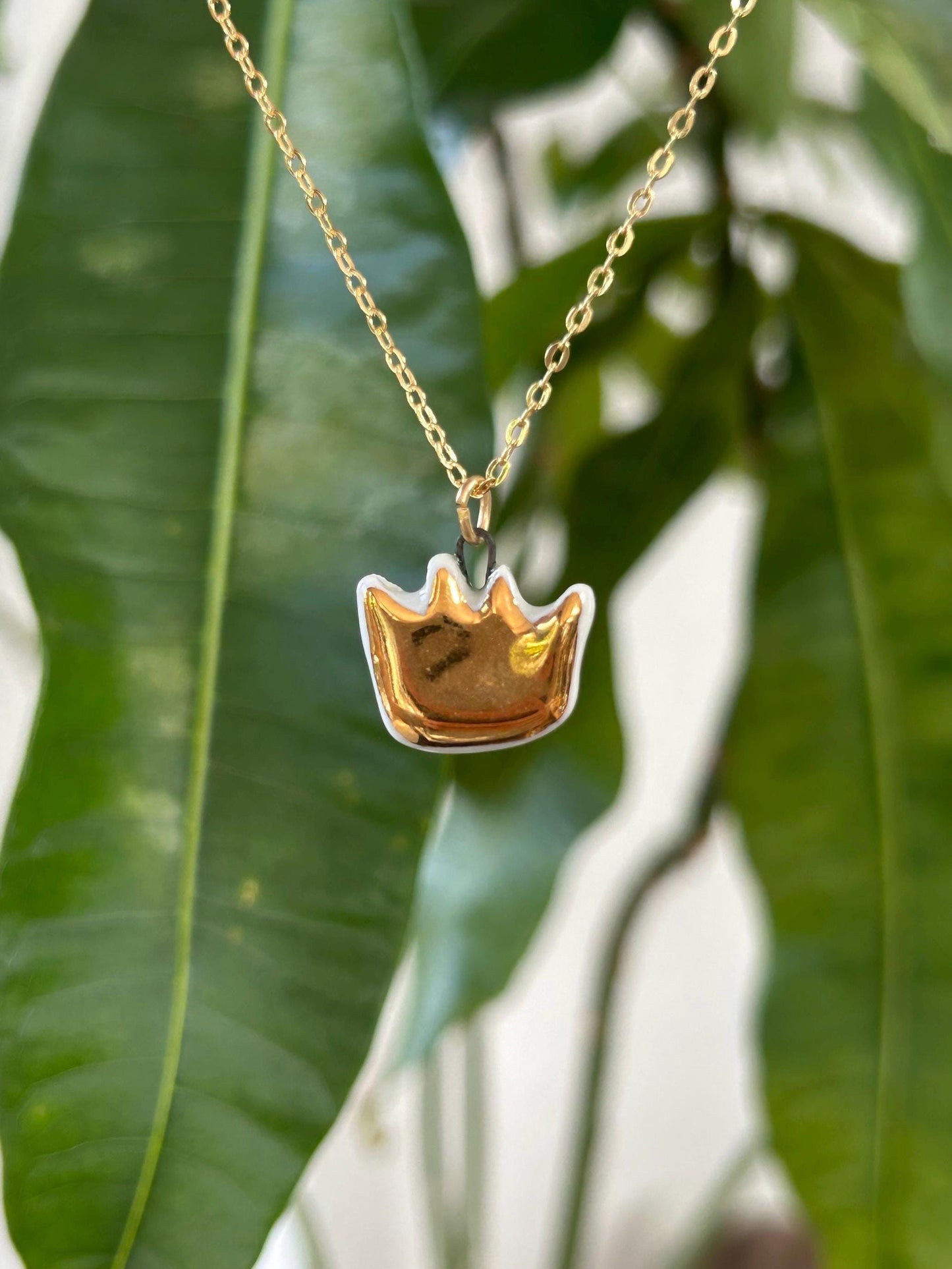 Hand-Sculpted Porcelain Crown Pendant: 24k Gold Lustre Ceramic Necklace Charm