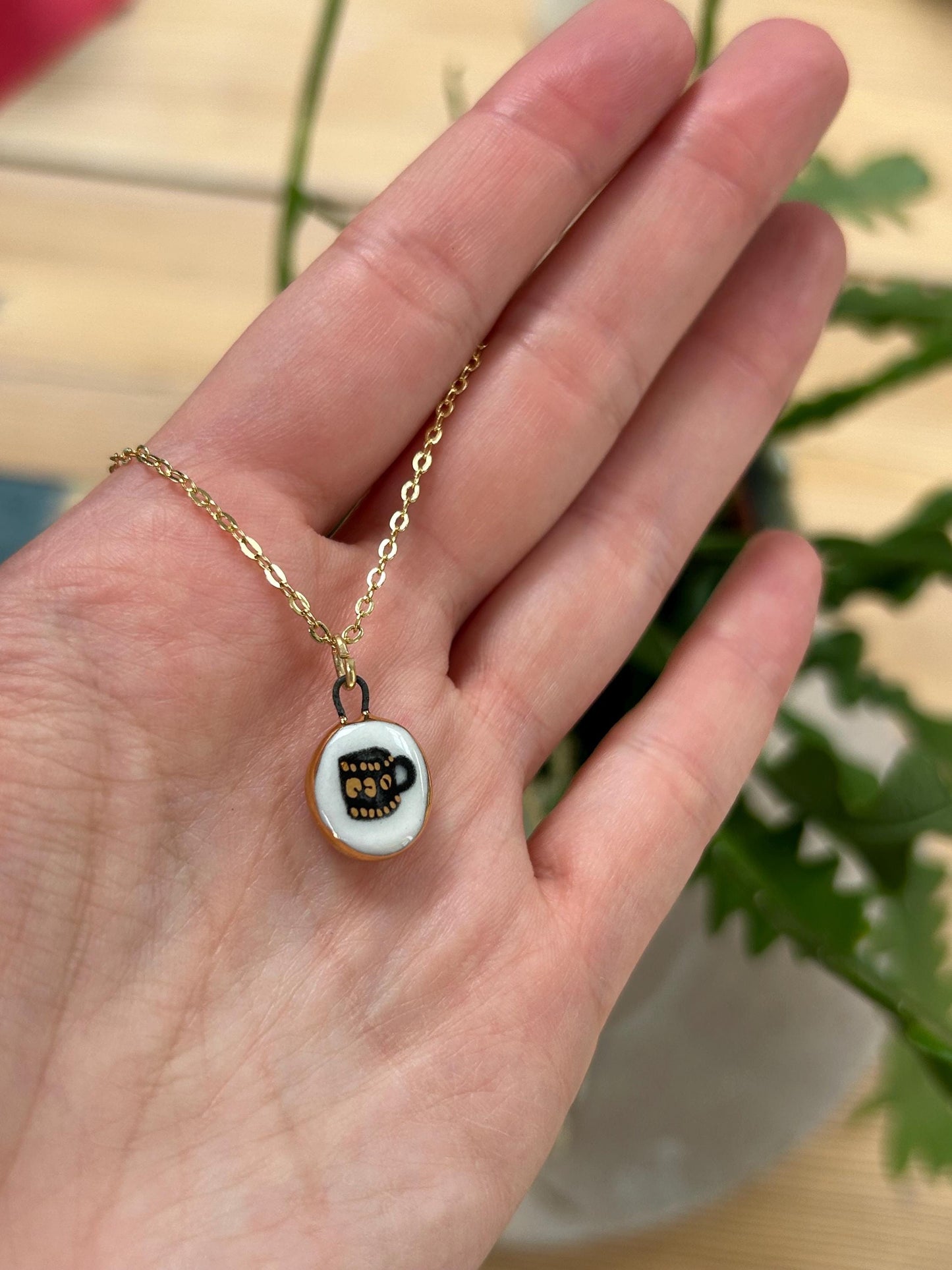 Hand-Sculpted Porcelain Mug Pendant: 24k Gold Lustre Ceramic Necklace Charm