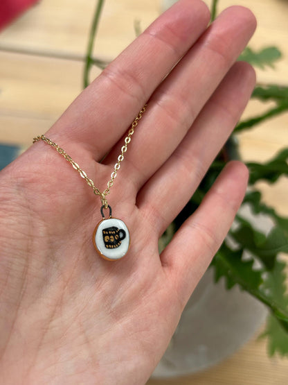 Hand-Sculpted Porcelain Mug Pendant: 24k Gold Lustre Ceramic Necklace Charm