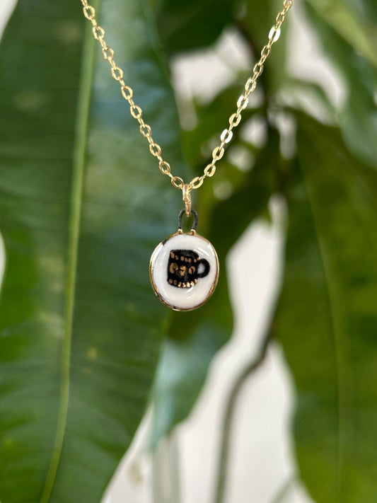 Hand-Sculpted Porcelain Mug Pendant: 24k Gold Lustre Ceramic Necklace Charm