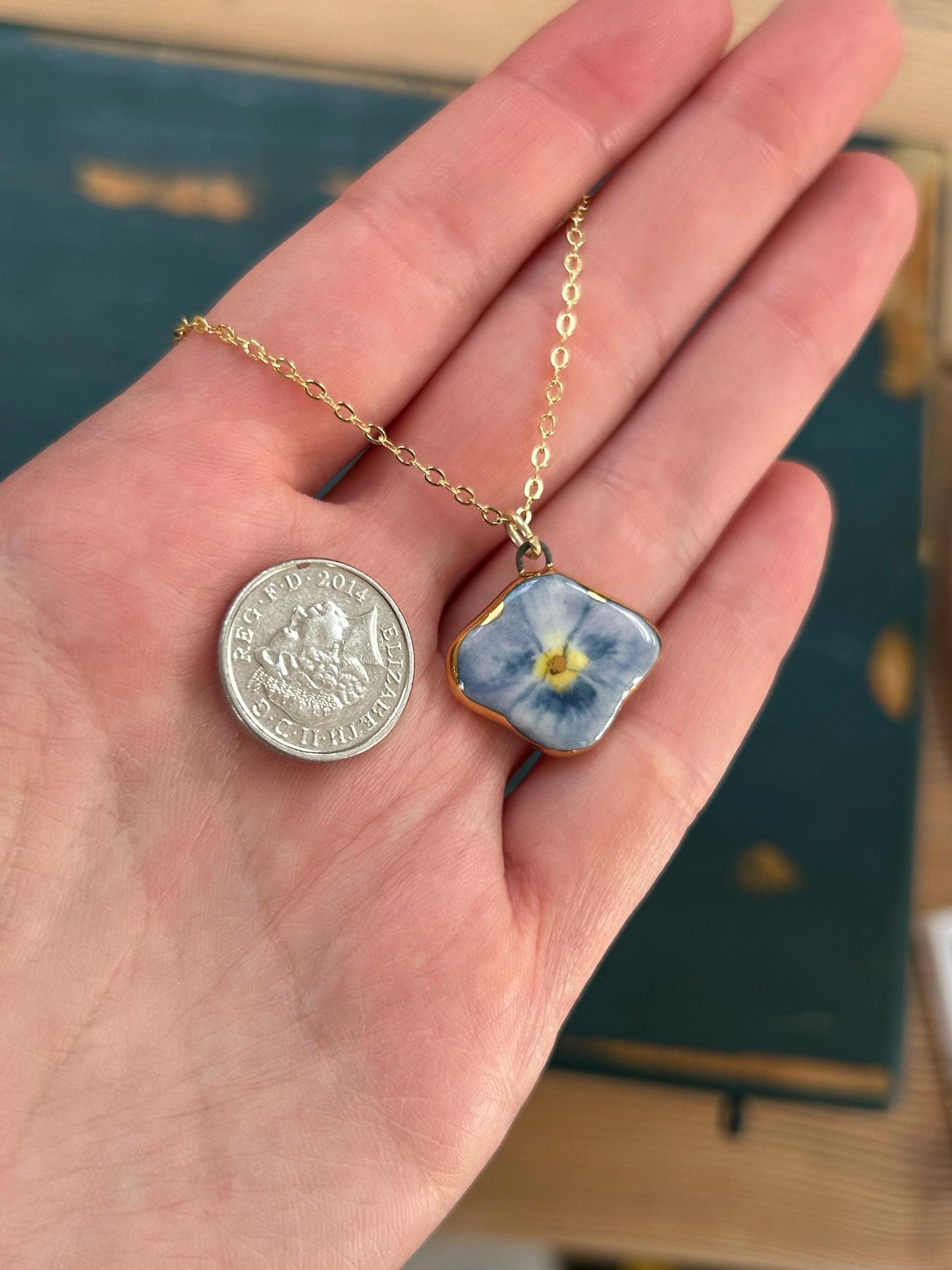 Hand-Sculpted Porcelain Blue Pansy Pendant: 24k Gold Lustre Ceramic Necklace Charm