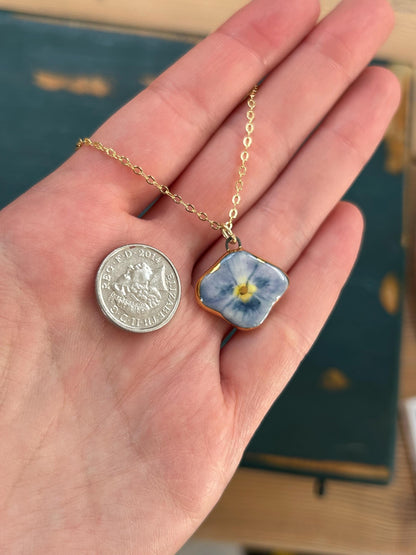 Hand-Sculpted Porcelain Blue Pansy Pendant: 24k Gold Lustre Ceramic Necklace Charm