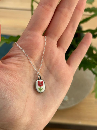 Hand-Sculpted Porcelain Tulip Pendant: Platinum Lustre Ceramic Necklace Charm