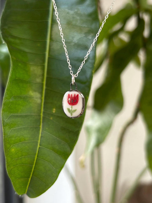 Hand-Sculpted Porcelain Tulip Pendant: Platinum Lustre Ceramic Necklace Charm