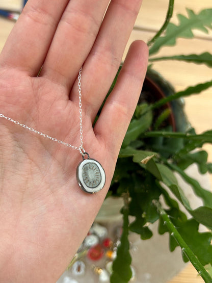 Hand-Sculpted Porcelain Kiwi Pendant: Platinum Lustre Ceramic Necklace Charm