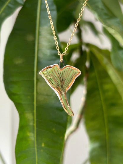 Hand-Sculpted Porcelain Gingko Leaf Pendant: 24k Gold Lustre Ceramic Necklace Charm
