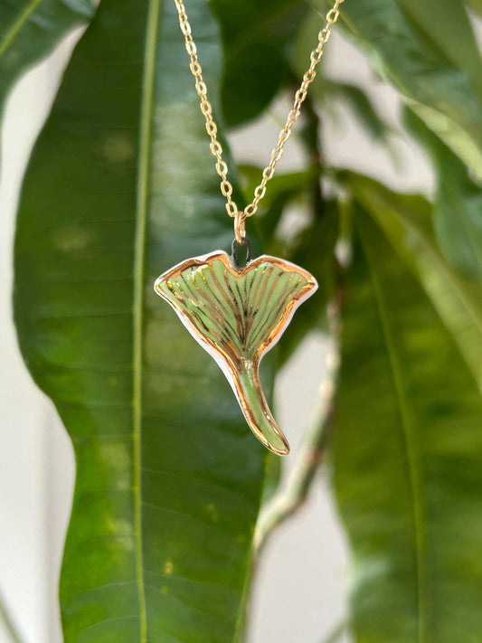 Hand-Sculpted Porcelain Gingko Leaf Pendant: 24k Gold Lustre Ceramic Necklace Charm