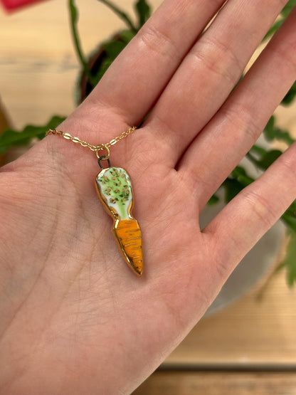 Hand-Sculpted Porcelain Carrot Pendant: 24k Gold Lustre Ceramic Necklace Charm