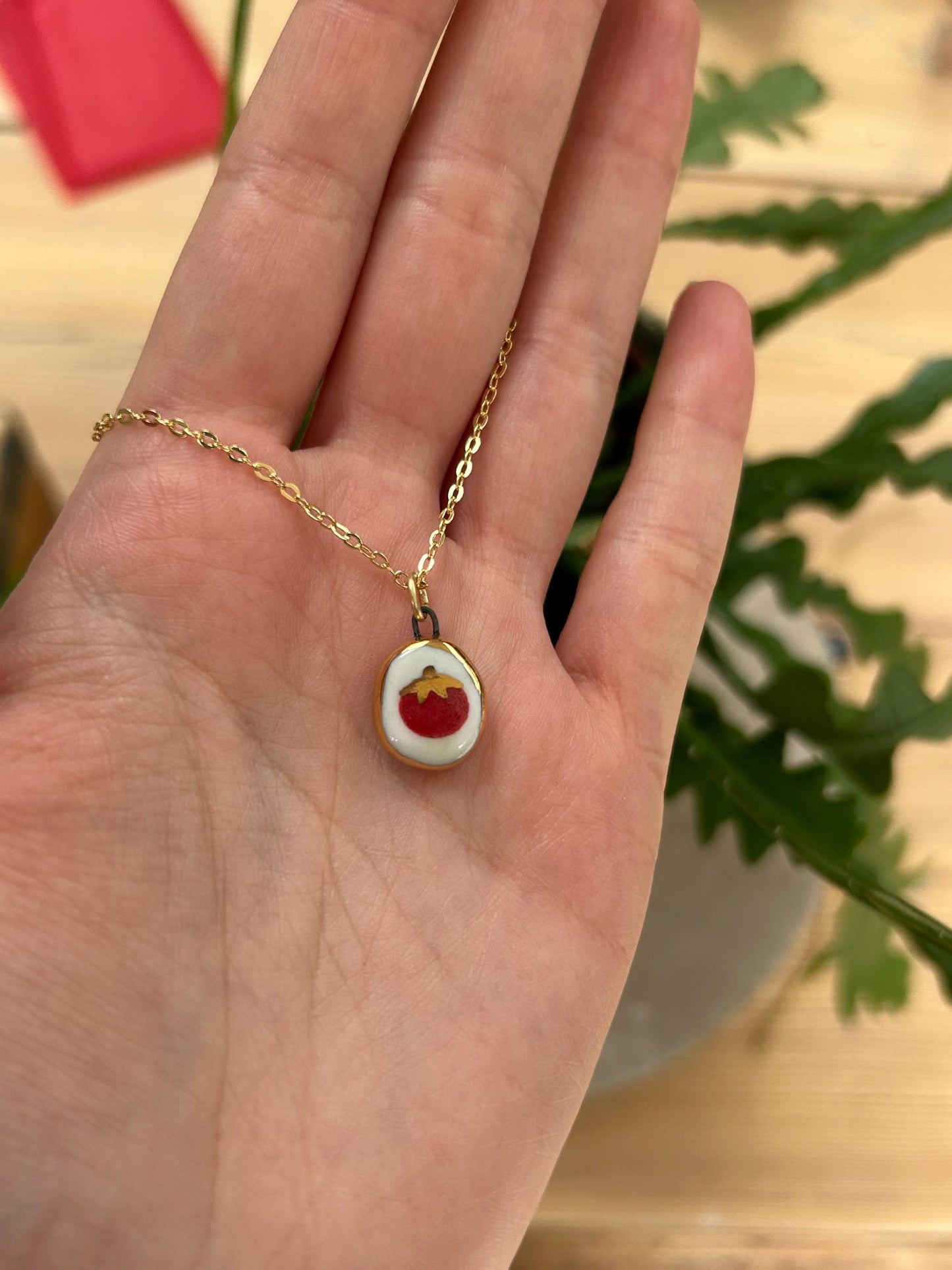 Hand-Sculpted Porcelain Tomato Pendant: 24k Gold Lustre Ceramic Necklace Charm
