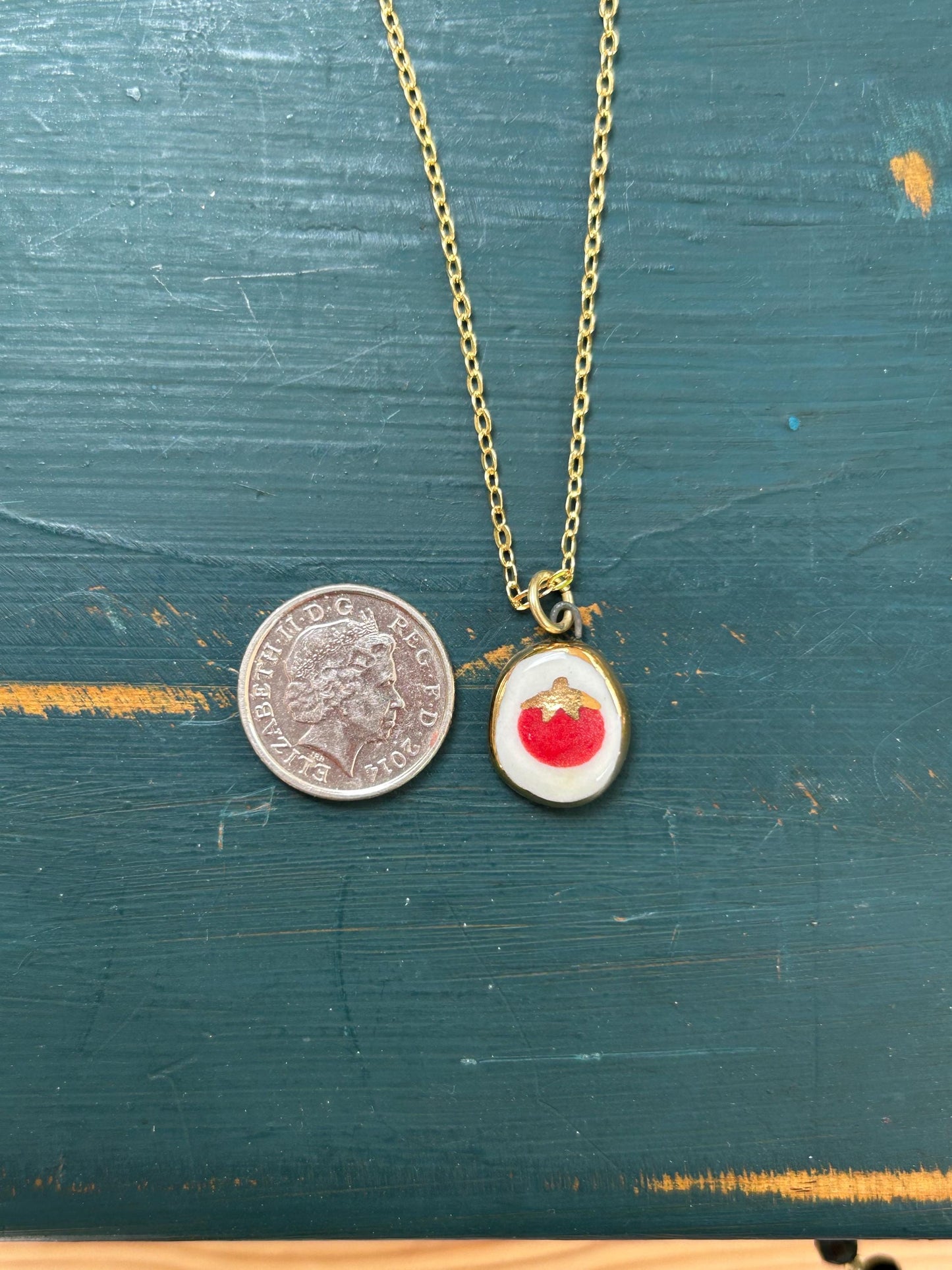 Hand-Sculpted Porcelain Tomato Pendant: 24k Gold Lustre Ceramic Necklace Charm