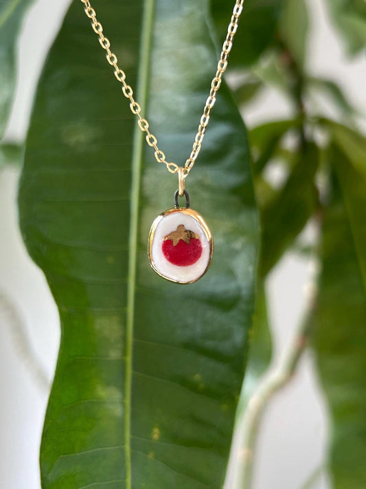 Hand-Sculpted Porcelain Tomato Pendant: 24k Gold Lustre Ceramic Necklace Charm