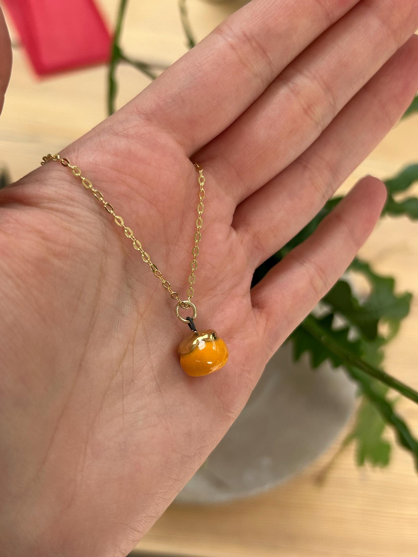 Hand-Sculpted Porcelain Persimmon Pendant: 24k Gold Lustre Ceramic Necklace Charm