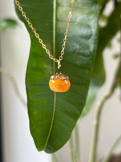 Hand-Sculpted Porcelain Persimmon Pendant: 24k Gold Lustre Ceramic Necklace Charm