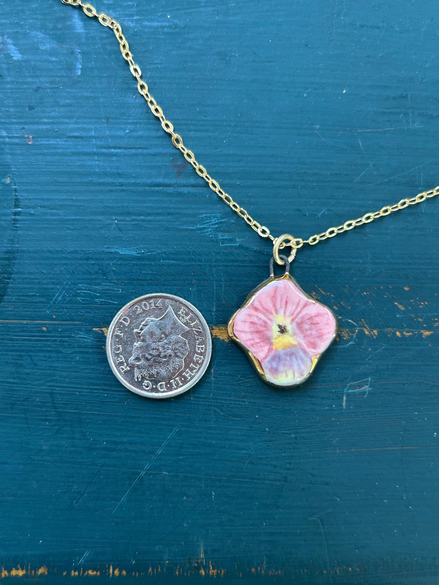 Hand-Sculpted Porcelain Pink Pansy Pendant: 24k Gold Lustre Ceramic Necklace Charm