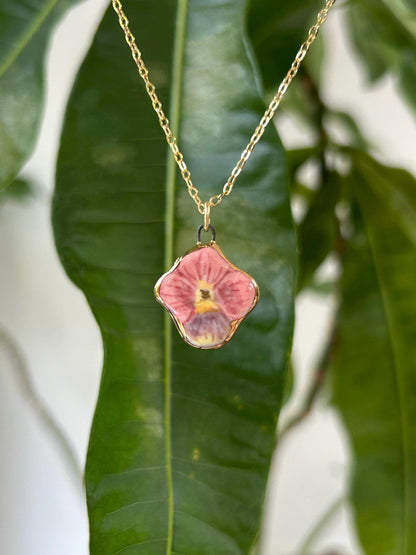 Hand-Sculpted Porcelain Pink Pansy Pendant: 24k Gold Lustre Ceramic Necklace Charm