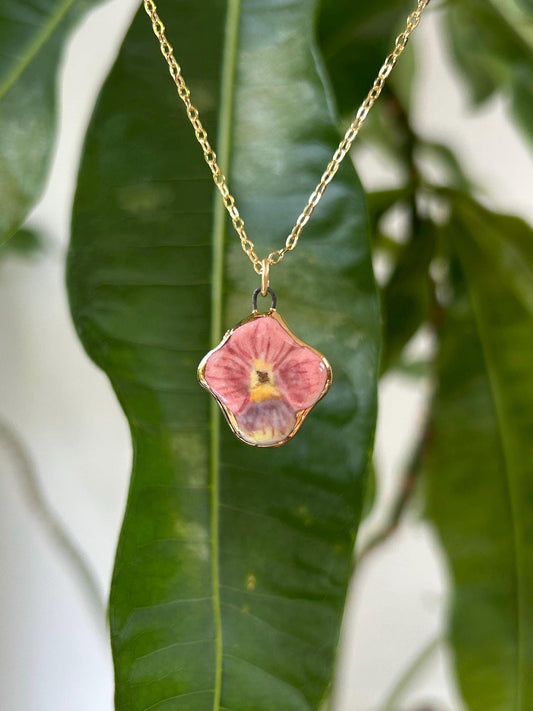 Hand-Sculpted Porcelain Pink Pansy Pendant: 24k Gold Lustre Ceramic Necklace Charm
