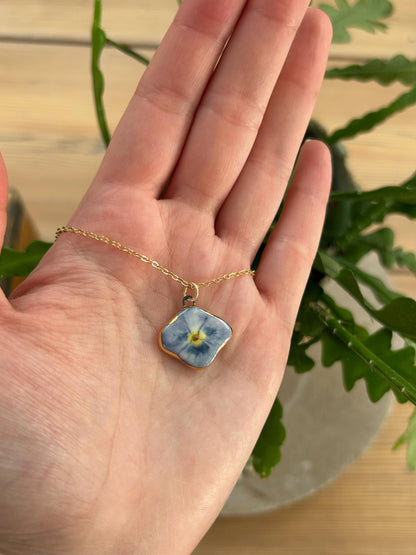 Hand-Sculpted Porcelain Blue Pansy Pendant: 24k Gold Lustre Ceramic Necklace Charm