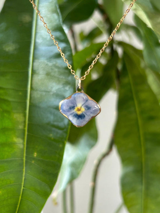 Hand-Sculpted Porcelain Blue Pansy Pendant: 24k Gold Lustre Ceramic Necklace Charm