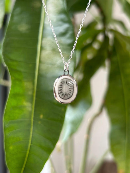 Hand-Sculpted Porcelain Kiwi Pendant: Platinum Lustre Ceramic Necklace Charm